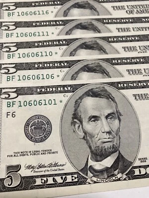 Error Ink 20 of Cons 1999 $5 Dollar TRINARY STAR NOTES 10606101/10/1/6 UNC Rare！ - Image 1 of 4