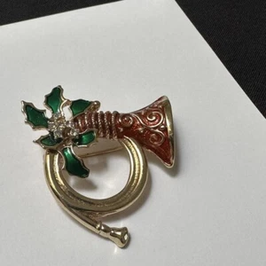 Signed Napier French Horn Rhinestone Holly Musical Instrument Christmas - Picture 1 of 7