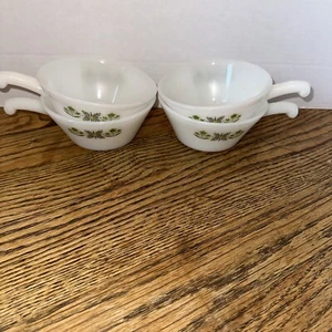 4 Anchor Hocking Fire King Green Meadow Glass Soup Bowls w Handle EUC - Picture 1 of 4