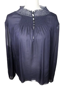 Diane von Fürstenberg Langarmbluse marineblau 100 % Seide Mock Ausschnitt Größe 12 neu mit Etikett! - Bild 1 von 9