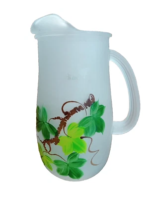 Jarro de suco de vidro fosco folhas pintadas à mão meados do século vintage - Imagem 1 de 4