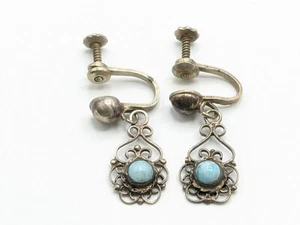 Vintage Filigree Dangle Screw Back Earrings Blue Cabochon Alpaca Silver - Picture 1 of 12