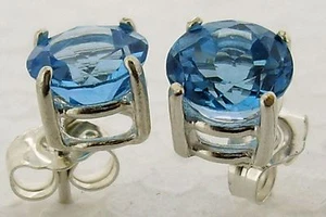 BUTW  sterling silver 7 mm round faceted blue topaz stud earrings 4446T - Picture 1 of 2