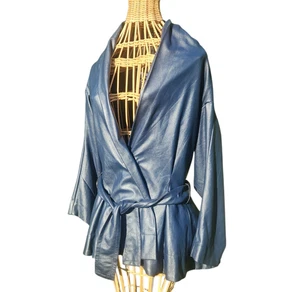 Byron Lars Beauty Mark Blue Vegan Leather Belted Jacket Tie Front Size 2 - Picture 1 of 8