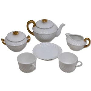 A Lanternier AL Limoges set da tè 6 pezzi teiera cremoso zuccheriera 2 tazze circa 1900 - Foto 1 di 10