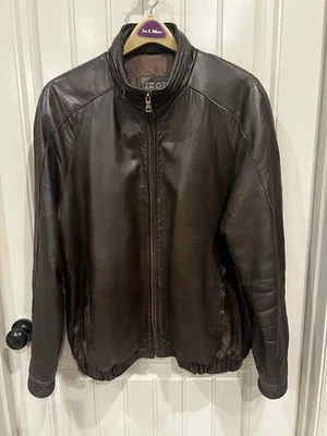 Izod Men's A2 Brown Leather Vintage Bomber Jacket Size Large With Hidden Hoodie - Image 1 of 4