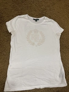 Camisa Lauren Ralph Lauren Blanca Pequeña Top Y2K Brillante Estrás Logo Talla M - Imagen 1 de 7