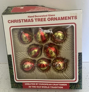 8 Vintage Commodore Ornaments Christmas Tree Glass Stripe Red Green Romania Box - Picture 1 of 13