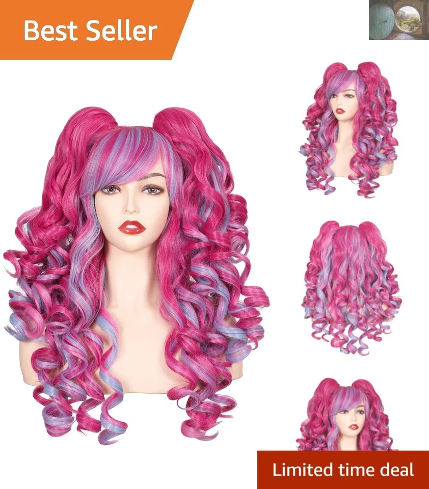Peluca Cosplay Larga Rizada con 2 Colas de Caballo en Rosa Caliente y Azul - Gorra Ajustable Foto 1 de 4