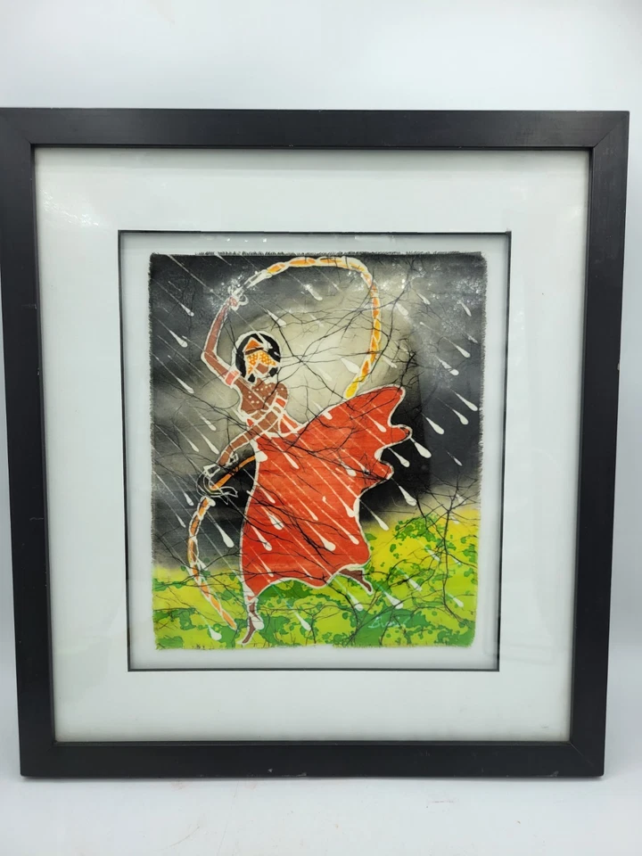 Signed Framed Batik Wall Art Woman Dancing In The Rain Indonesian Or African? - Image 1 of 4