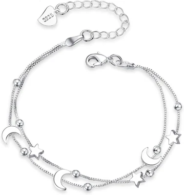 Bracciale Argento 925 Donna, Bracciale in Argento Con Cuore E Perline, Regolabil - Immagine 1 di 4