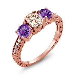 1.72 Ct Oval Peach Morganite Purple Amethyst 18K Rose Gold Plated Silver Ring - Picture 1 of 4
