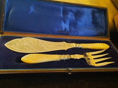 Fischbesteck antik Perlmutt silber Erbstück gepunzt Stempel  - Bild 1 von 4