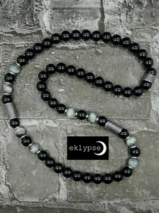 HIP 24"L STAINLESS STEEL 10mm Gray Hawk Eye+Black Onyx Gemstone Beaded Necklace - Picture 1 of 12