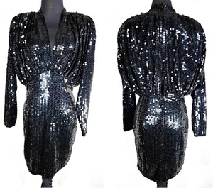 Vintage 1980s NITELINE Sequin Mini Party Dress Open Back & Shoulder Pads SZ 10 - Picture 1 of 14