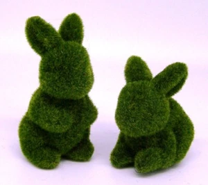 PAIR OF SMALL EASTER BUNNY RABBITS FAUX GREEN MOSS FLOCKED FIGURINES - NWT - Picture 1 of 2