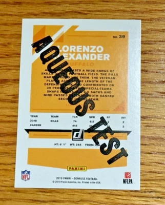 LORENZO ALEXANDER 2019 Panini Donruss #39 Aqueous Test SP - Image 1 of 2