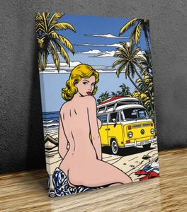 Camper Van and Tropical Beach Roy Lichtenstein inspired mounted canvas print - Picture 1 of 9