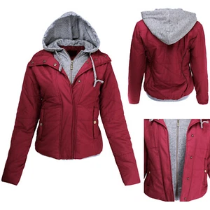 Women's Attached Grey Jersey Layered Hoodie Padded Jacket Burgundy - Picture 1 of 9