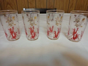 Mid Century Federal Glass Red Gold Rooster Tumblers Glasses Vintage Chicken - Picture 1 of 2