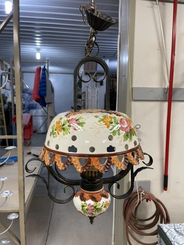 Antique Wrought iron Chandelier Ceramic Pottery Shade Italian Tole 28” Tall Cover