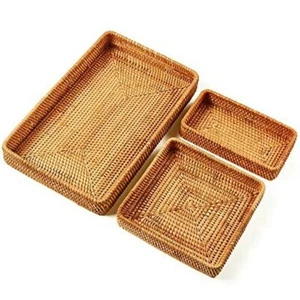 Set of 3 Rectangle Rattan Tray Wicker Storage Basket for Bread Fruit Home Decor - Picture 1 of 6