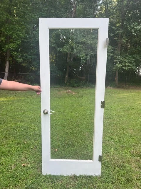 Wood Door with Glass Middle, hingers, and door knob, 100$ OBO - Image 1 of 4
