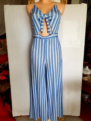 NEU Gr 36 38 S M Sehr Lang Damen Overall Blau Weiss Streifen Stretch Party s438 - Bild 1 von 4