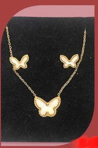 Damen Mädchen Schmetterling Halskette Ohrringe Set Edelstahl vergoldet weiß - Bild 1 von 6