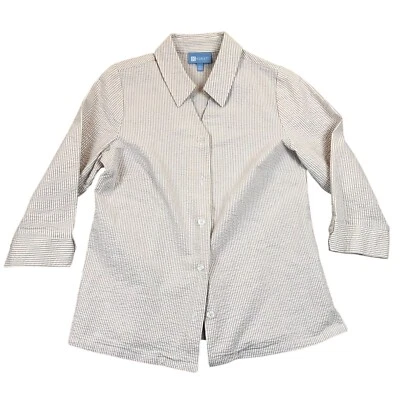 Koret Women's Seersucker Shirt Medium 3/4 Sleeves Button Up Beige Striped - Image 1 of 4