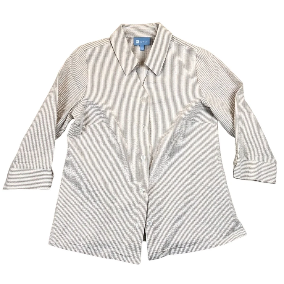 Camisa para mujer Koret Seersucker mediana manga 3/4 abotonada beige rayas Foto 1 de 4
