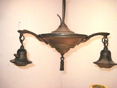 ANTIQUE ALL BRASS CEILING 2 LIGHT FIXTURE PARTS OR REPAIR OR YARD ART! Cover