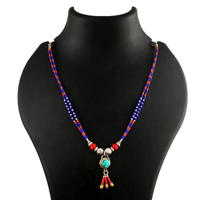 Lapis, Coral  Gemstone Tibetan 925 Sterling Silver Necklace Jewelry 18 inch - Image 1 of 4