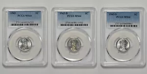 1943 P D S 1c Lincoln Steel Wheat Cent PCGS MS 64 Three Coin Lot Just Graded - Picture 1 of 8