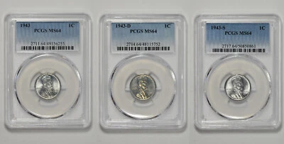 Centavo de trigo de acero Lincoln 1943 P D S 1c graduación profesional MS 64 lote de tres monedas recién graduado Foto 1 de 4