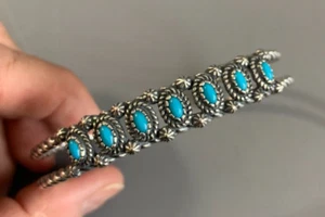 CAROLYN POLLACK American West Sterling Turquoise 7 Stone Rope Floral Cuff L - Picture 1 of 11