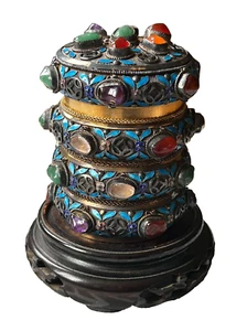 Late Qing dynasty silver gilt and enamel multi-treasure tea caddy 13.4oz $3200 - Picture 1 of 11
