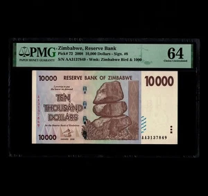 10000 Dollars 2008 UNC P72 PMG 64 Choice Uncirculated Wmk: Zimbabwe Bird & 1000 - Picture 1 of 9