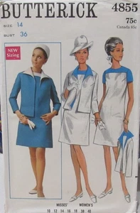 Vintage 60er Butterick 4855 Damen 14 Mod Tag Abend Kleid Jacke Anzug MCM Muster - Bild 1 von 2