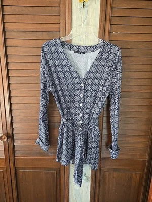 Lulus Womens Romper Size Medium, Blue Geometric Belt Included Skort Long Sleeve - Image 1 of 4