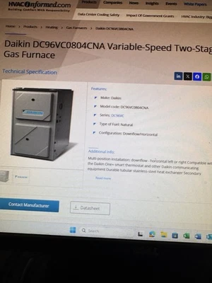 Daikin DC96V Gas Furnace | 96% AFUE | 80k BTU | Down Flow - Image 1 of 2