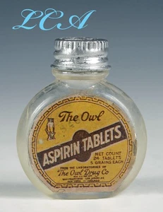 Antique OWL DRUG Co ASPIRIN bottle small oval w/ TIN top early BIM ground top - Picture 1 of 4