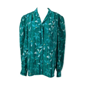 Blusa vintage verde azulado estampado hawaiano azul años 70 talla 16 - Imagen 1 de 10