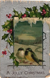 Postal de Navidad vintage en relieve aves acebo 1909 Chanutf Kansas - Imagen 1 de 2