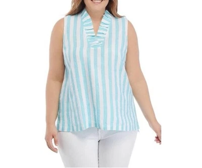 Nueva Blusa Corona e Hiedra Turquesa y Blanco Rayas Lino Cuello Volantes 2X Foto 1 de 4