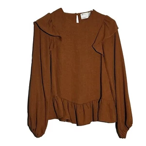 ASOS Design Women’s Brown Ruffle Shoulder Peplum Blouse Long Sleeve Shirt Top 2 - Picture 1 of 6