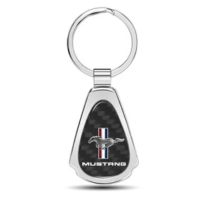 Ford Mustang Tri-Bar Real Black Carbon Fiber Chrome Metal Teardrop Key Chain - Picture 1 of 6