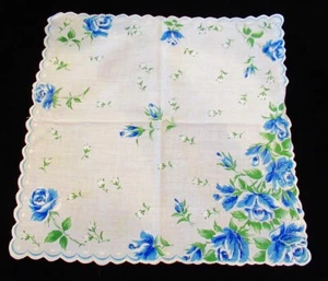Handkerchief Cotton Blue Floral Print Stitched Scalloped Border #55 - Picture 1 of 2