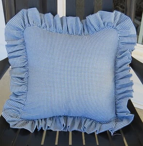 Ruffled Pillow Cover Gingham Check Blue Green or Gray 17" With or Without Insert - Picture 1 of 25