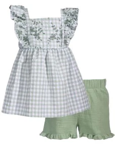 NEW Bonnie Jean Girl Size 10 "GREEN IVORY CHECK" Seersucker Top Gauze Shorts NWT - Picture 1 of 4